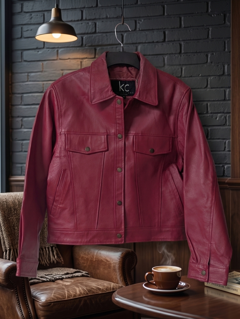 KC Collections Women's Cropped Burgundy Leather Jacket - Sz M